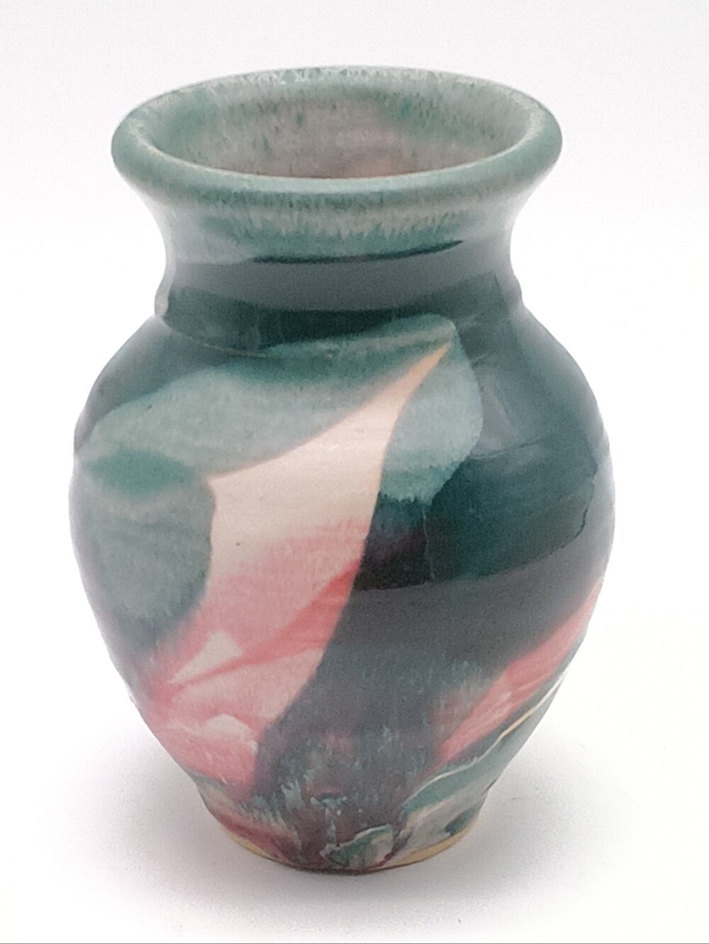 Hand-Thrown Studio Pottery Flared Bud Vase / Teal & Pink Drip Glaze